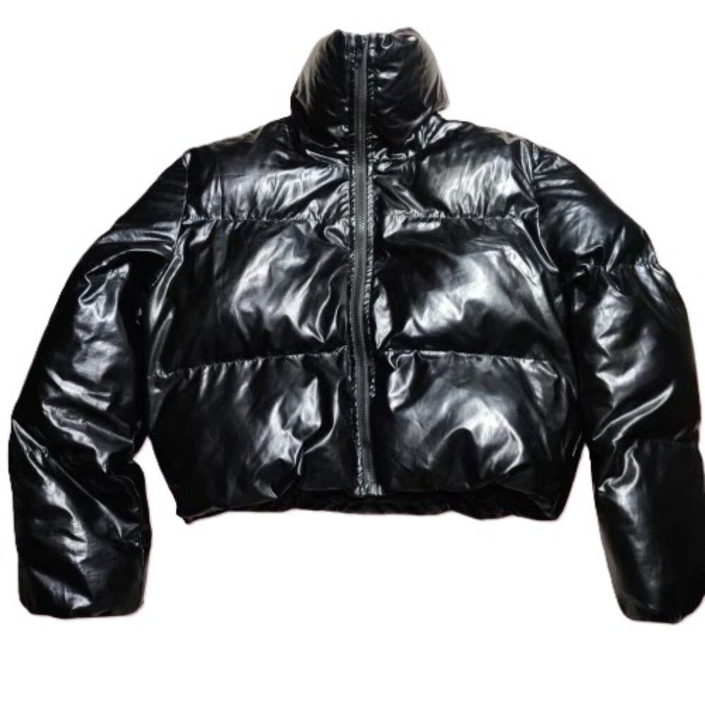 SHEIN Black Faux Leather Puffer Jacket Cropped Zip Up Size XS
